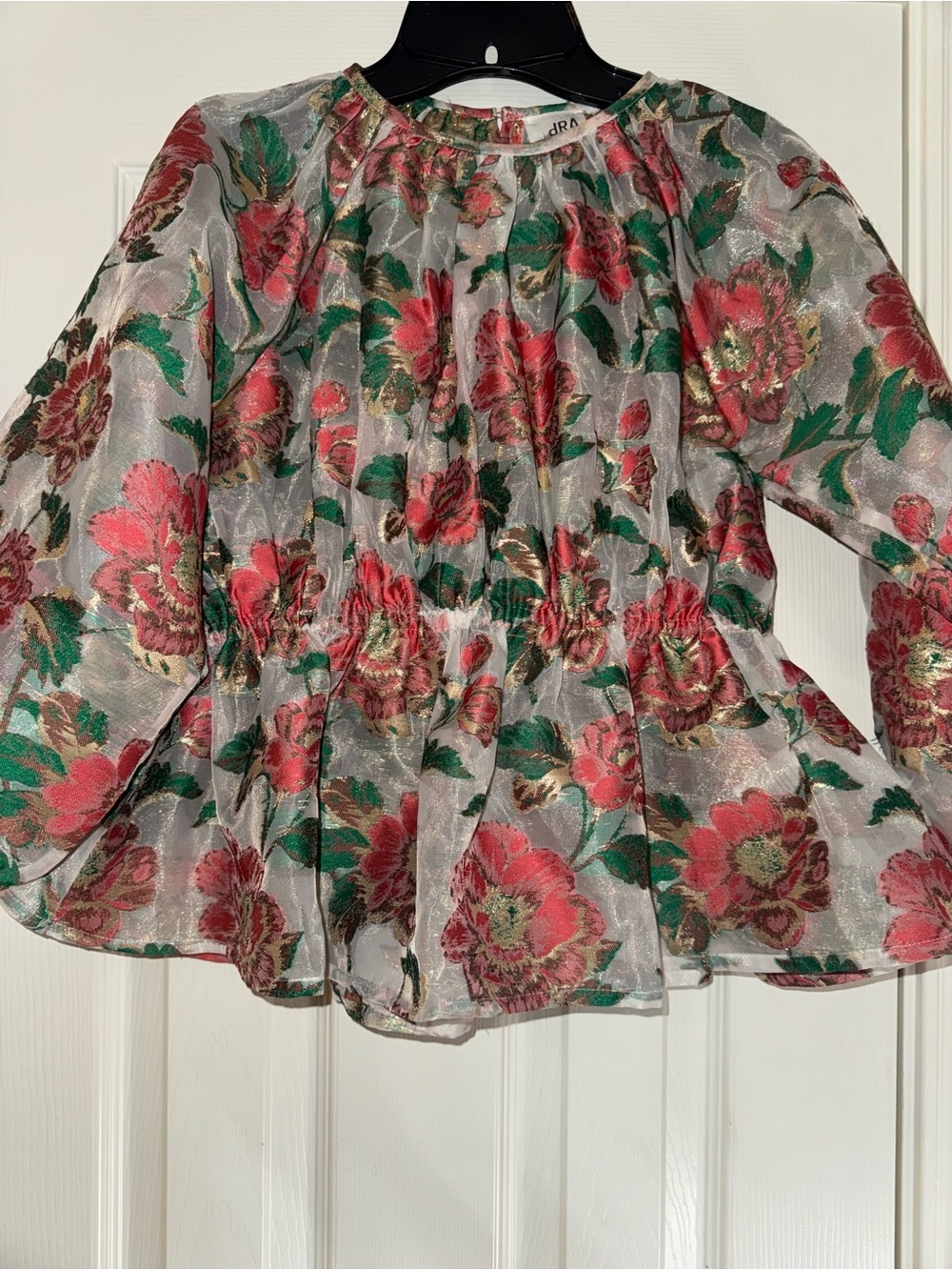 Dra Floral Metallic Peplum Blouse - Pink & Green